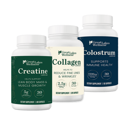 Great Lakes Wellness Capsules trio bundle with Creatine, Collagen, and Colostrum for strength, beauty, and immune support
