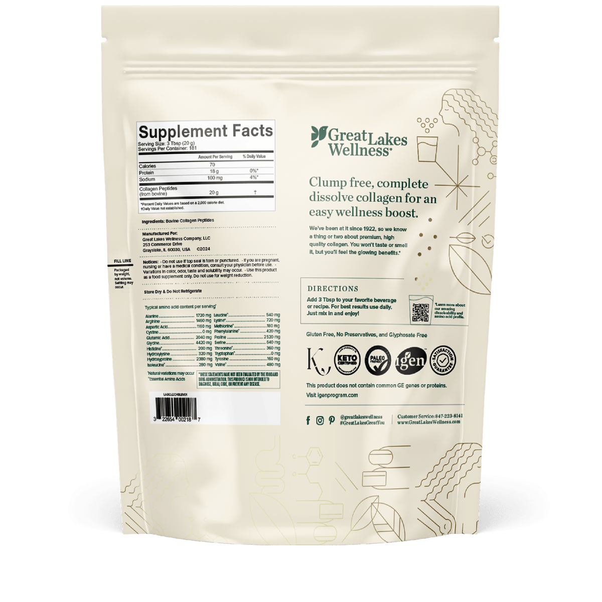 8lb Collagen Peptides supplement bag with 180 servings, grass-fed bovine collagen, Keto-Certified and Paleo-Friendly for skin, hair, nails, joints support
