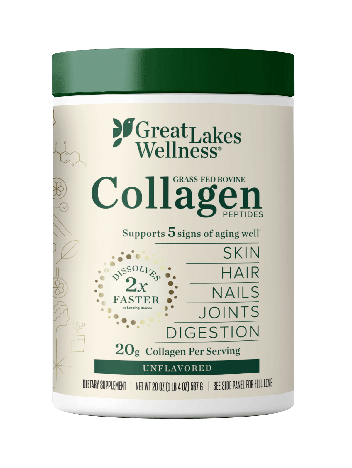 20oz container of Great Lakes Wellness grass-fed bovine collagen peptides supporting skin, hair, nails, joints, and digestion with fast dissolving, unflavored collagen powder