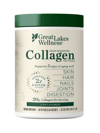 20oz container of Great Lakes Wellness grass-fed bovine collagen peptides supporting skin, hair, nails, joints, and digestion with fast dissolving, unflavored collagen powder