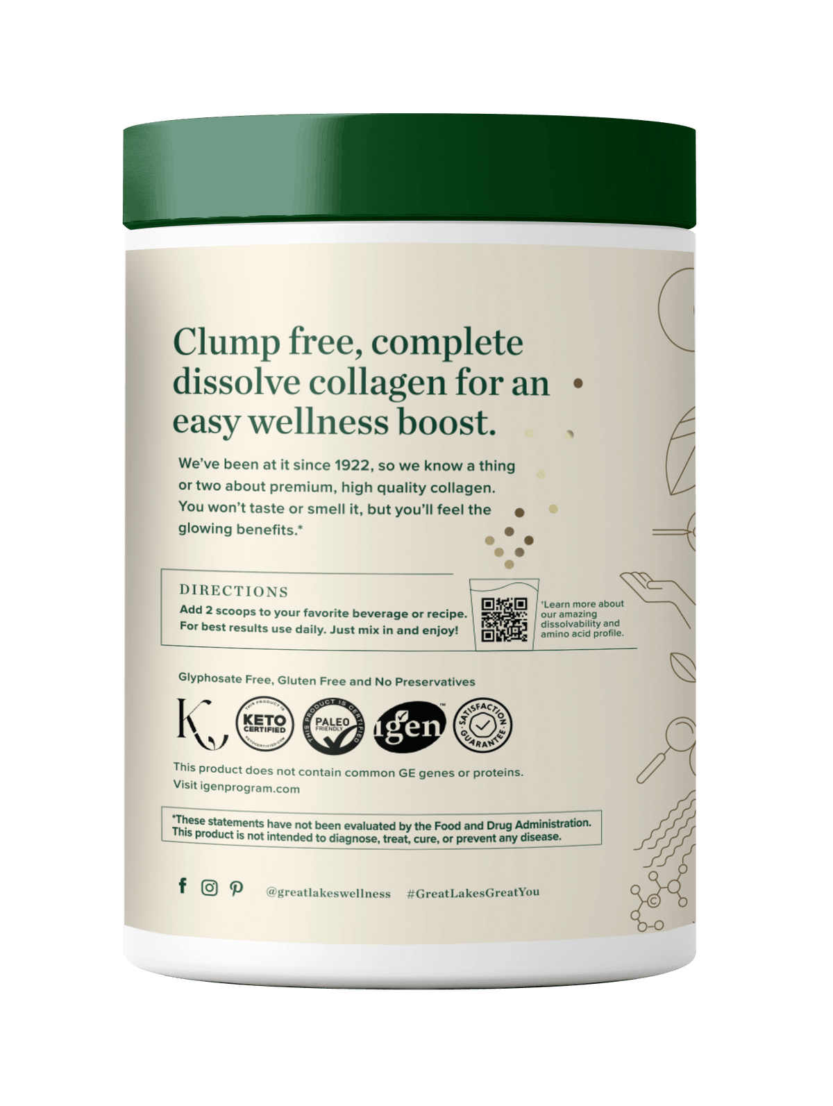 20oz Collagen Peptides powder container back label showing clump-free collagen dissolve benefits and usage instructions