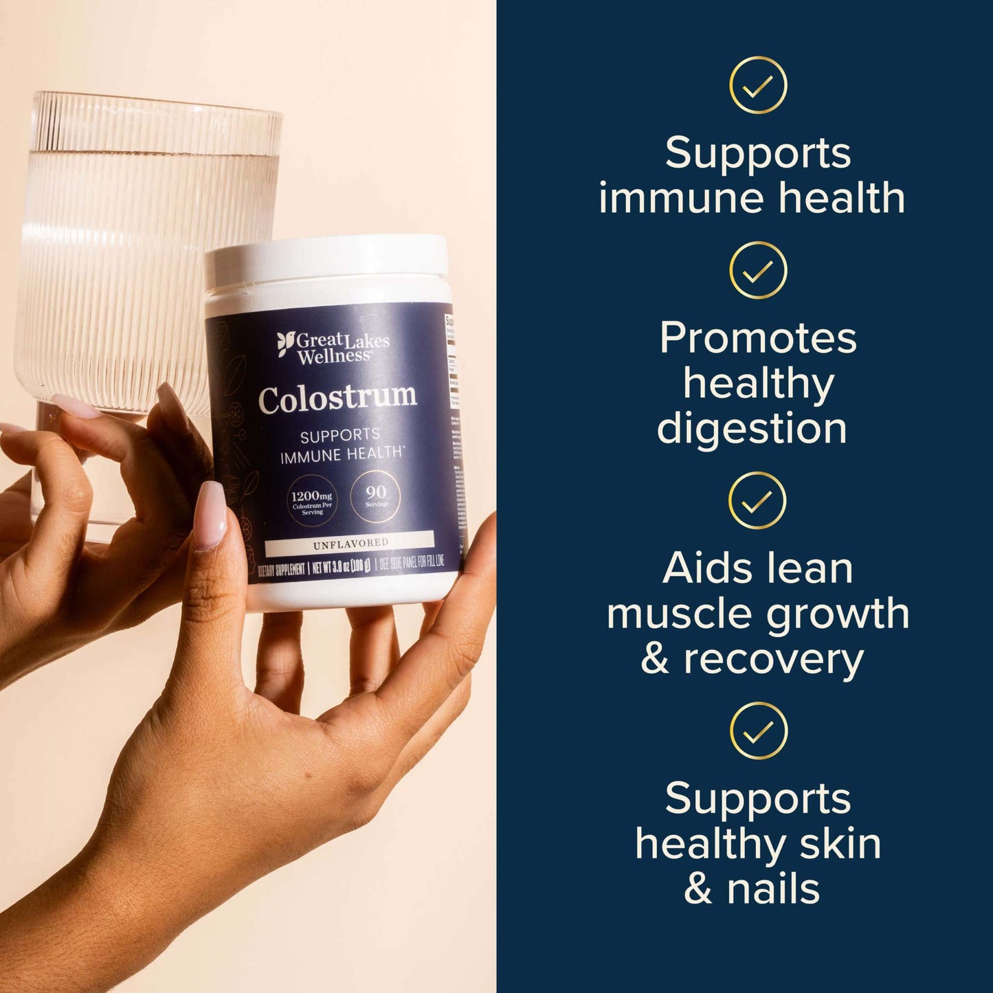 Unflavored bovine colostrum powder container held with a glass of water, highlighting immune support, digestion, muscle recovery, and skin health benefits