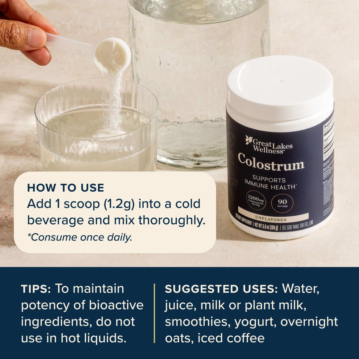 Colostrum Powder immune support supplement with 1200mg bovine colostrum, 90 servings tub, unflavored for mixing in cold beverages