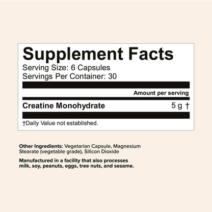 Supplement Facts label for Creatine Capsules showing 5g Creatine Monohydrate per 6 capsule serving and ingredient details