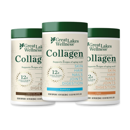 Flavor Trio Bundle featuring Vanilla, Chocolate, and Chai collagen peptides for skin, hair, nails, joints, and digestion support
