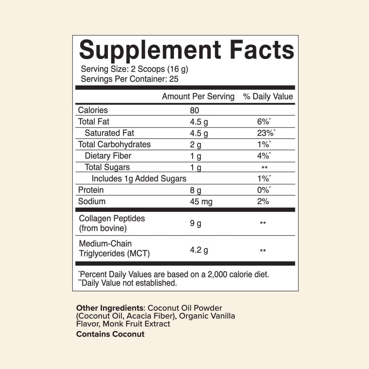 Keto Boost Advanced Collagen Peptides supplement facts label showing 9g collagen peptides and 4.2g MCTs per serving with vanilla flavor ingredients