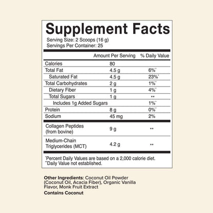 Keto Boost Advanced Collagen Peptides supplement facts label showing 9g collagen peptides and 4.2g MCTs per serving with vanilla flavor ingredients