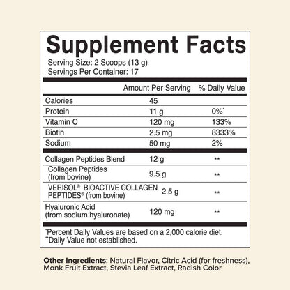 Beauty Boost Advanced Collagen supplement facts label showing collagen peptides, hyaluronic acid, biotin, and vitamin C content per serving