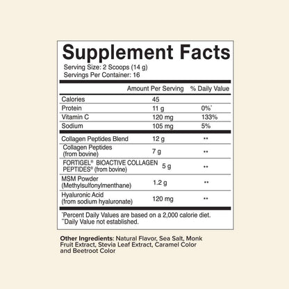 Movement Boost Advanced Collagen Peptides supplement facts with 12g collagen, MSM, Hyaluronic Acid, Vitamin C in caramel flavor