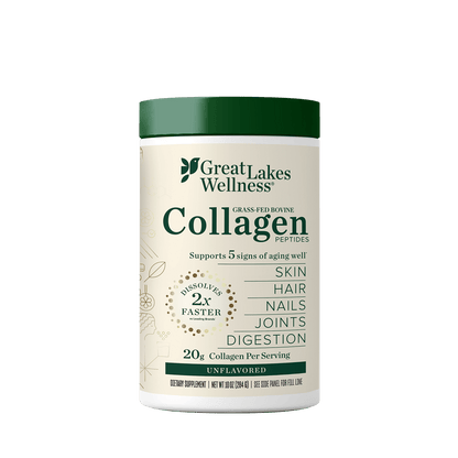 10oz Collagen Peptides supplement by Great Lakes Wellness with 20g grass-fed bovine collagen supporting skin, hair, nails, joints, digestion