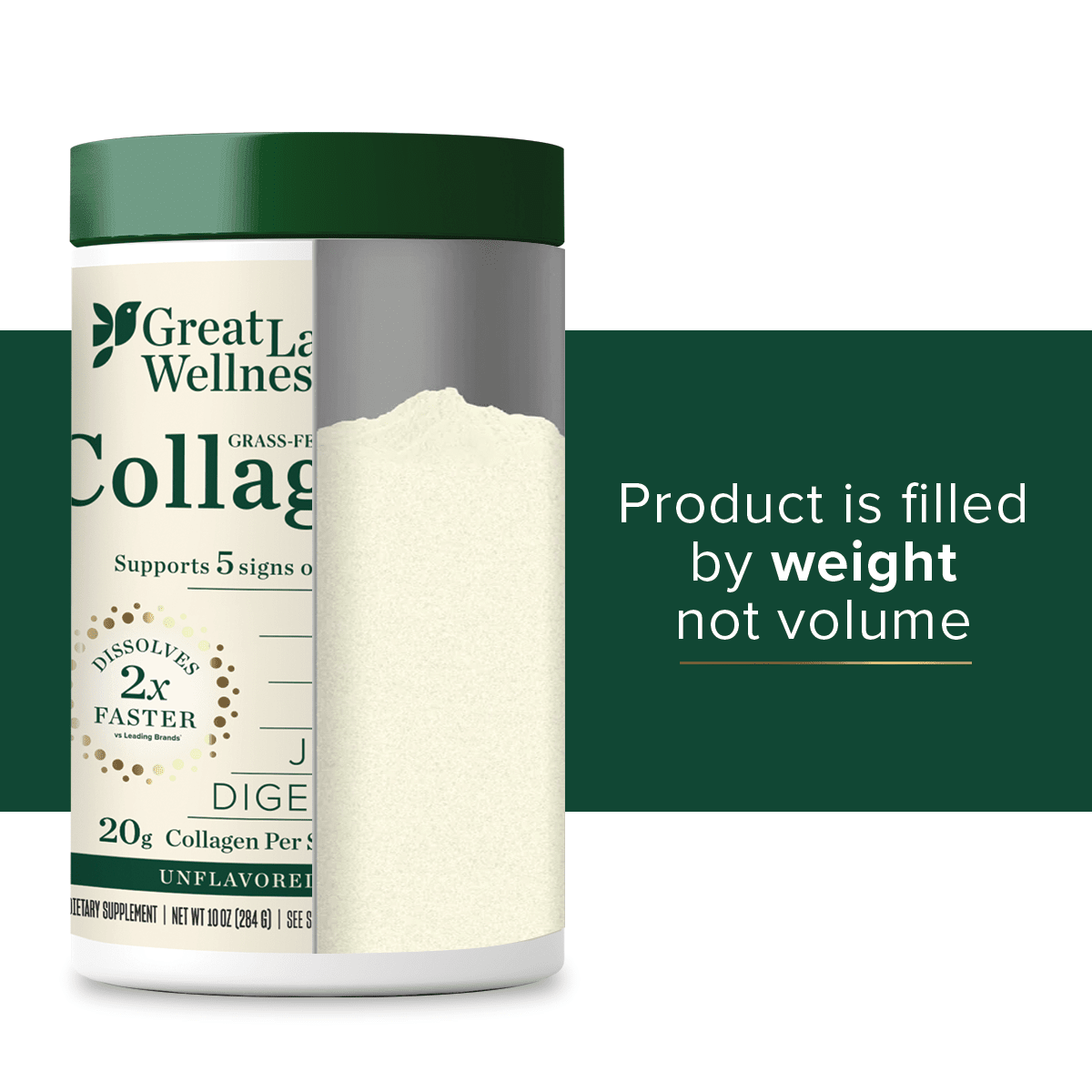 10oz Collagen Peptides powder container with green lid by Great Lakes Wellness showing supplement benefits and weight-based filling information