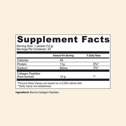 20ct Collagen Peptides stick pack supplement facts with 12g collagen peptides per serving and 20 servings per container