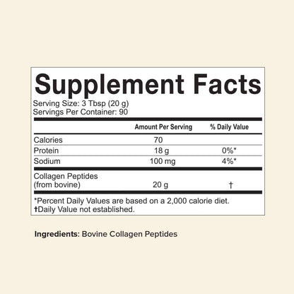 4lb Collagen Peptides supplement facts showing 20g bovine collagen per serving, 90 servings per container