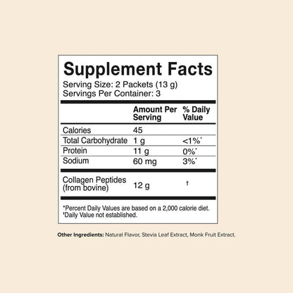 Supplement facts label for flavored collagen peptide powder with serving size, calories, protein, sodium, and collagen content from bovine.