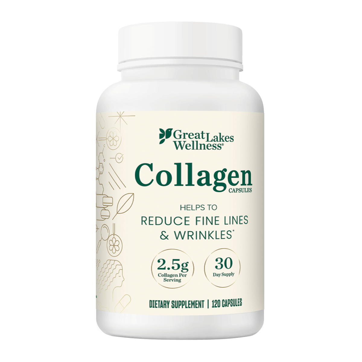 Great Lakes Wellness Collagen Capsules for reducing fine lines and wrinkles with 2.5g collagen per serving, 120 capsules.