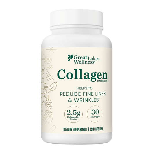 Great Lakes Wellness Collagen Capsules for reducing fine lines and wrinkles with 2.5g collagen per serving, 120 capsules.