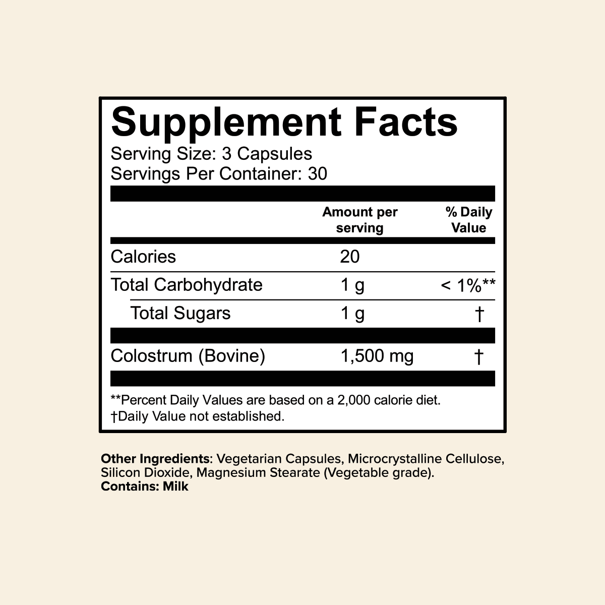 Supplement facts label for Colostrum Capsules showing 1500mg bovine colostrum per serving with other ingredients and nutrition details
