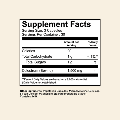 Supplement facts label for Colostrum Capsules showing 1500mg bovine colostrum per serving with other ingredients and nutrition details