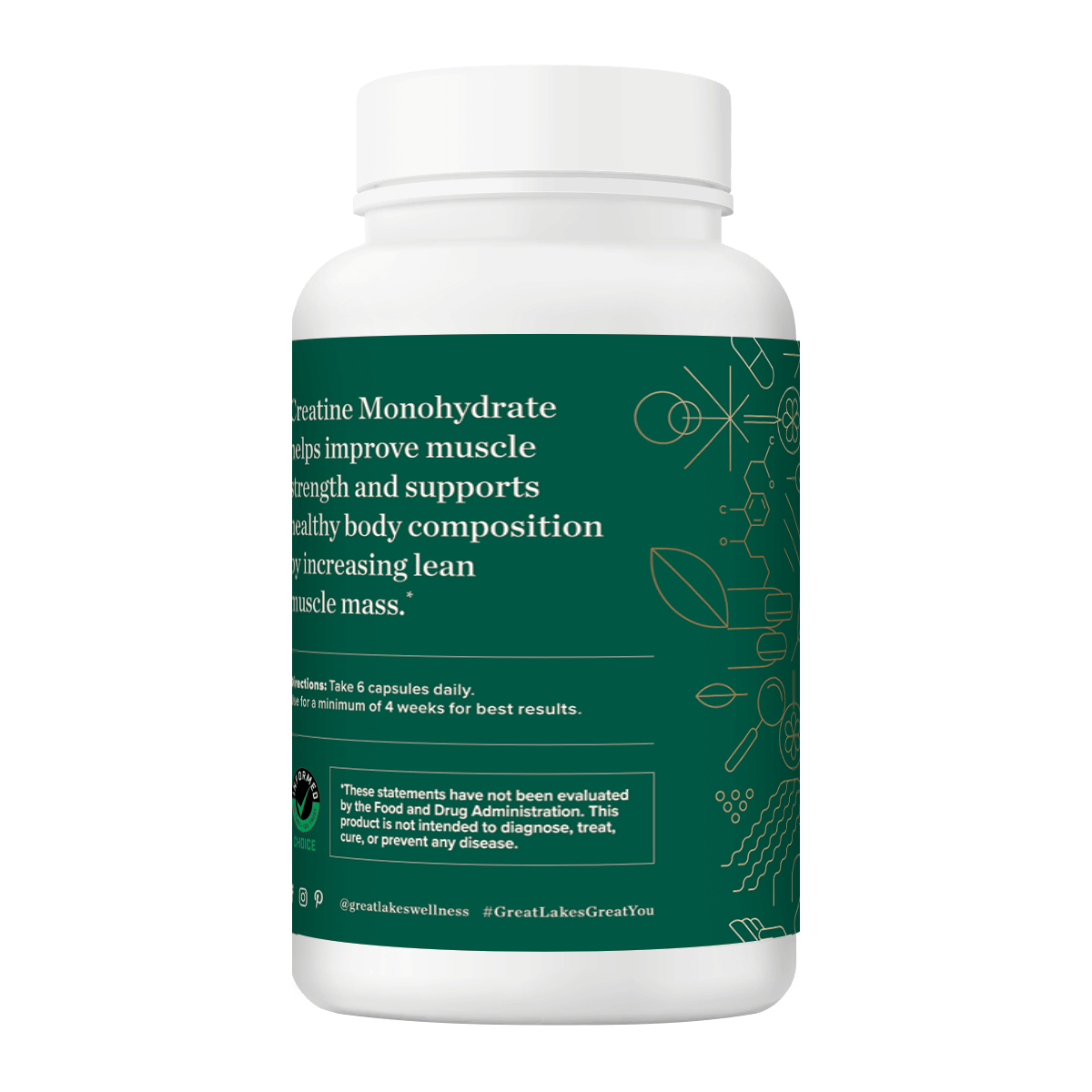 Bottle of Creatine Capsules supplement supporting muscle strength and lean body mass with 180 capsules from Great Lakes Wellness