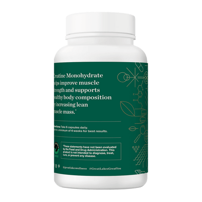 Bottle of Creatine Capsules supplement supporting muscle strength and lean body mass with 180 capsules from Great Lakes Wellness