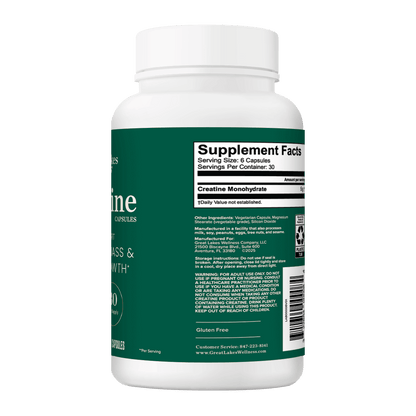 Bottle of Great Lakes Wellness Creatine Capsules with supplement facts label showing 5g Creatine Monohydrate per serving and 180 capsules per bottle