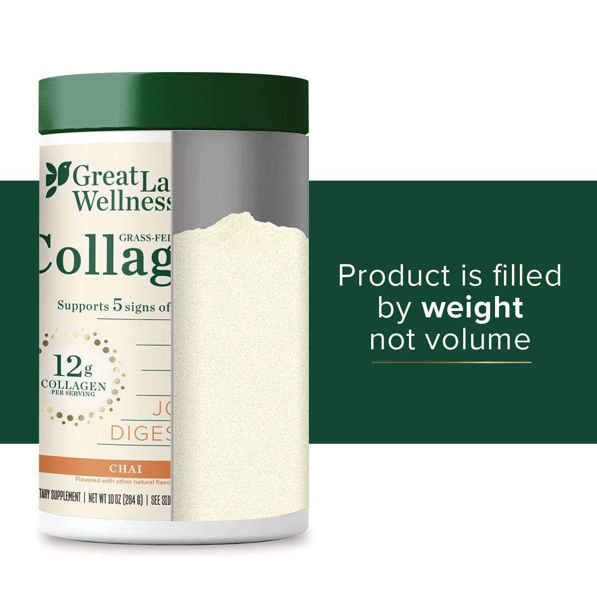 Great Lakes Wellness Chai Collagen Peptides container showing 12g collagen per serving with chai flavor powder and green lid