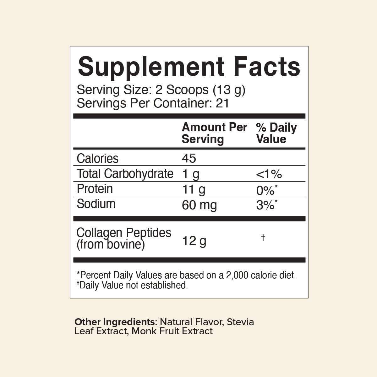 Supplement facts label for Chai Collagen Peptides showing serving size, nutritional information, and ingredients.