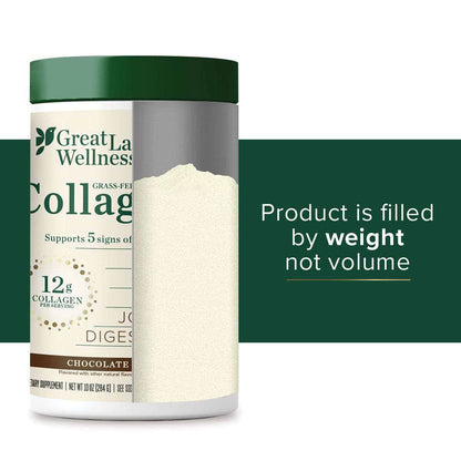 Chocolate Collagen Peptides powder container by Great Lakes Wellness with 12g grass-fed collagen per serving for skin, hair, nails, joints, and digestion support