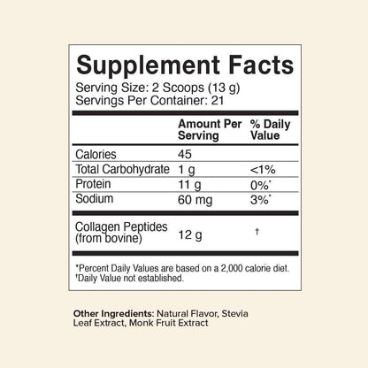 Chocolate Collagen Peptides supplement facts label showing nutrition and ingredients details