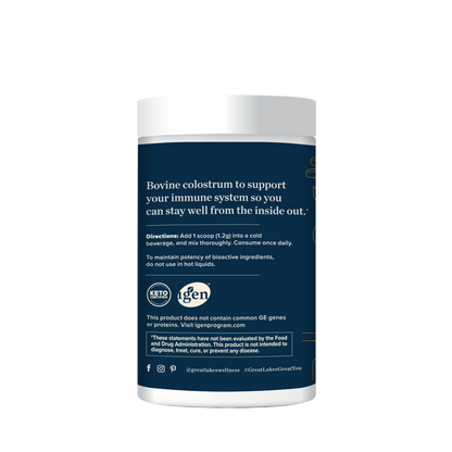 Container of unflavored bovine colostrum powder supporting immune health and daily wellness