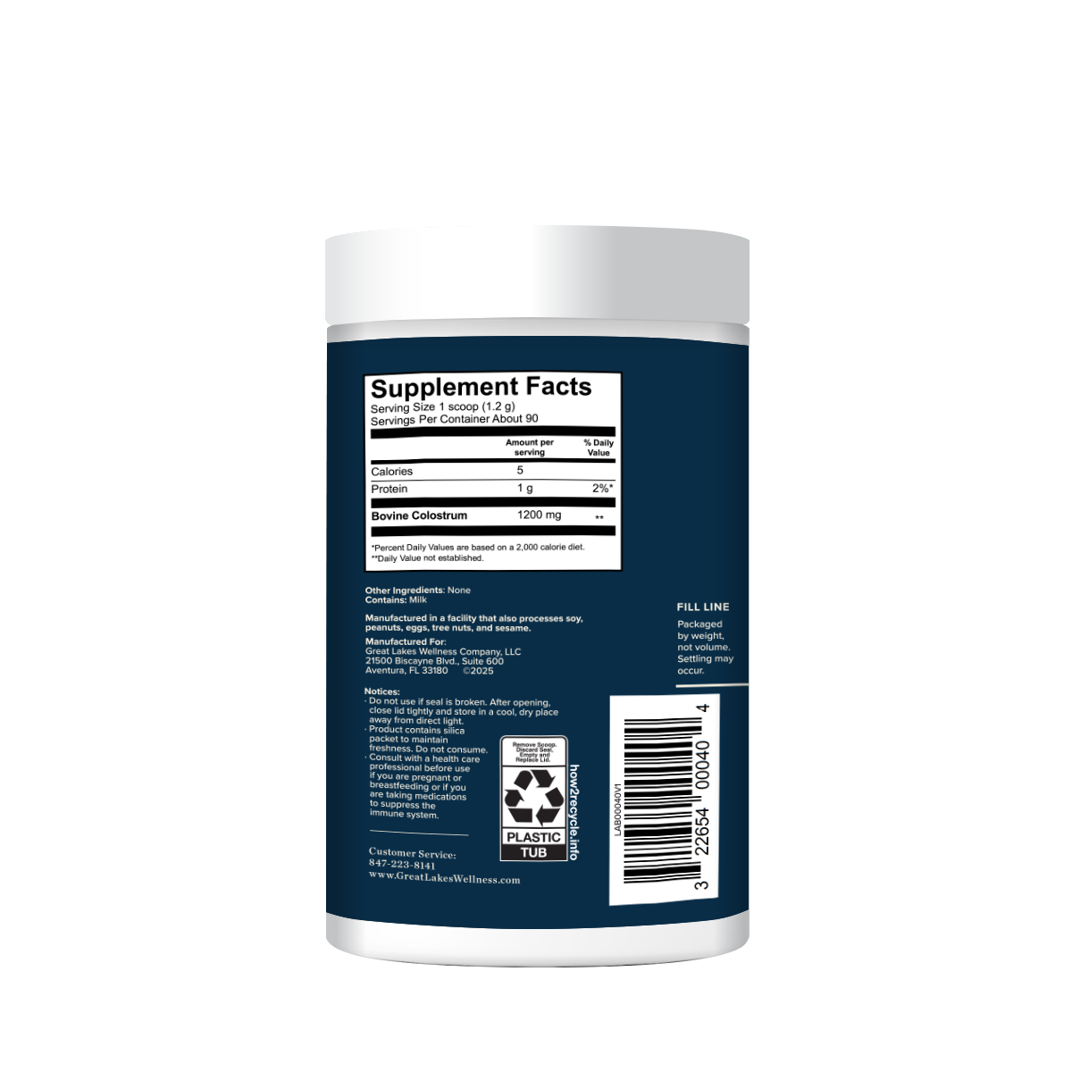 Bovine colostrum powder container with supplement facts label and immune support details