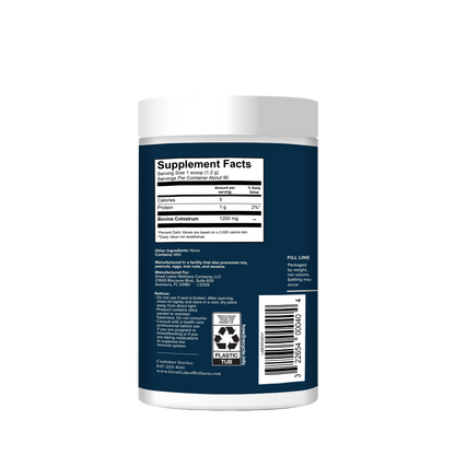 Bovine colostrum powder container with supplement facts label and immune support details