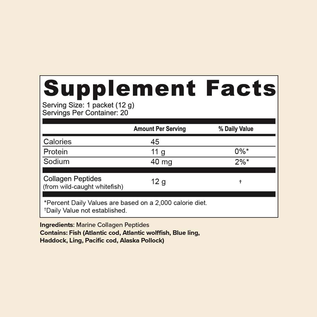 Supplement facts label for 20ct Daily Marine Collagen Peptides stick pack showing 12g collagen per serving from wild-caught whitefish.