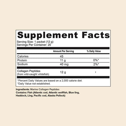Supplement facts label for 20ct Daily Marine Collagen Peptides stick pack showing 12g collagen per serving from wild-caught whitefish.