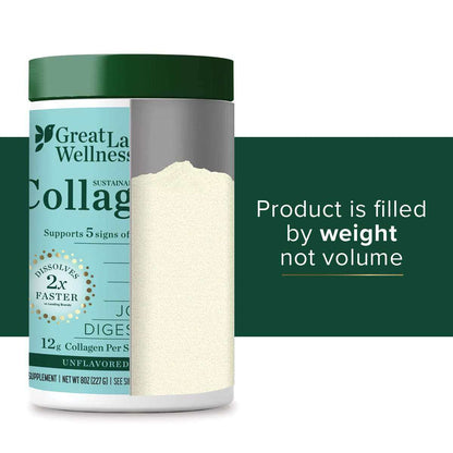 8oz Sustainable Marine Collagen Peptides container showing powder inside with product benefits text