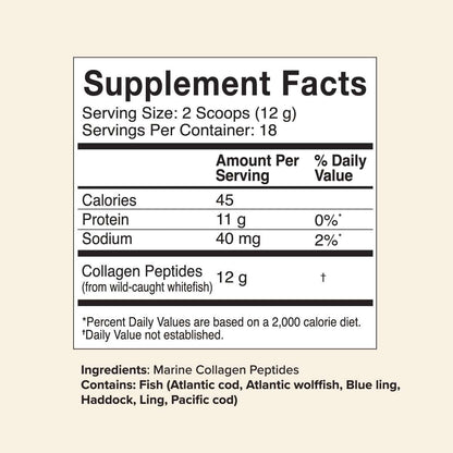 Supplement facts label for 8oz Sustainable Marine Collagen Peptides showing 12g collagen per serving from wild-caught whitefish.