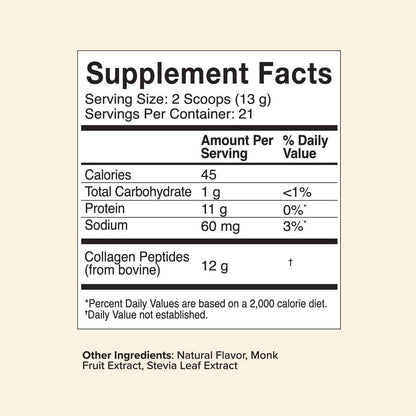 Vanilla Collagen Peptides supplement facts label showing 12g bovine collagen per serving with natural vanilla flavor