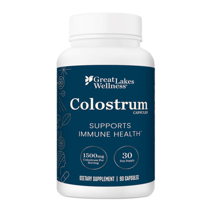 Great Lakes Wellness Colostrum Capsules dietary supplement bottle supporting immune health with 1500mg bovine colostrum per serving, 90 capsules, 30-day supply