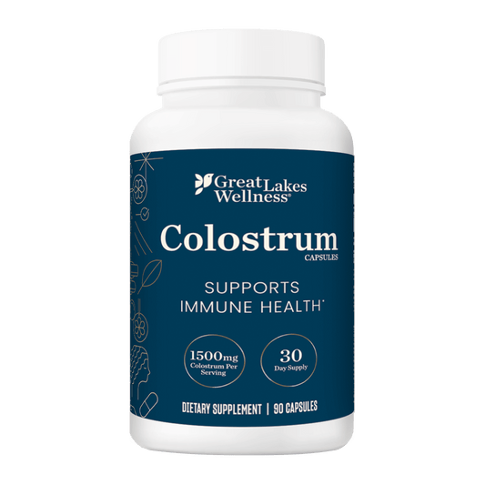 Great Lakes Wellness Colostrum Capsules dietary supplement bottle supporting immune health with 1500mg bovine colostrum per serving, 90 capsules, 30-day supply