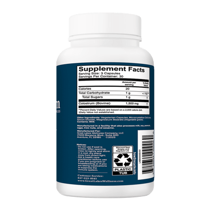 Colostrum Capsules bottle back label showing supplement facts and ingredients for immune support.