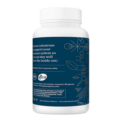 Great Lakes Wellness Colostrum Capsules bottle with immune support and 1500mg bovine colostrum per serving