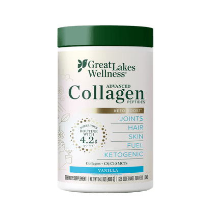 Keto Boost Advanced Collagen Peptides vanilla-flavored supplement with collagen and MCTs for skin, hair, joints, and keto diet support