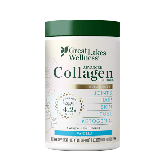 Keto Boost Advanced Collagen Peptides vanilla-flavored supplement with collagen and MCTs for skin, hair, joints, and keto diet support