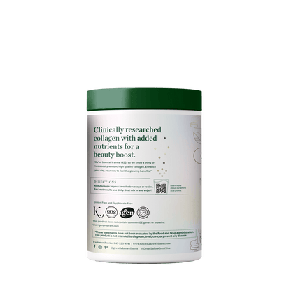 Beauty Boost Advanced Collagen peptides supplement container with nutrient information and usage directions