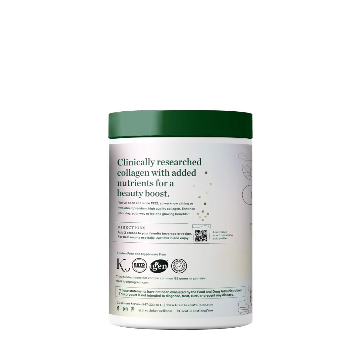 Total Beauty Bundle collagen supplement container with green lid and health benefit details on label