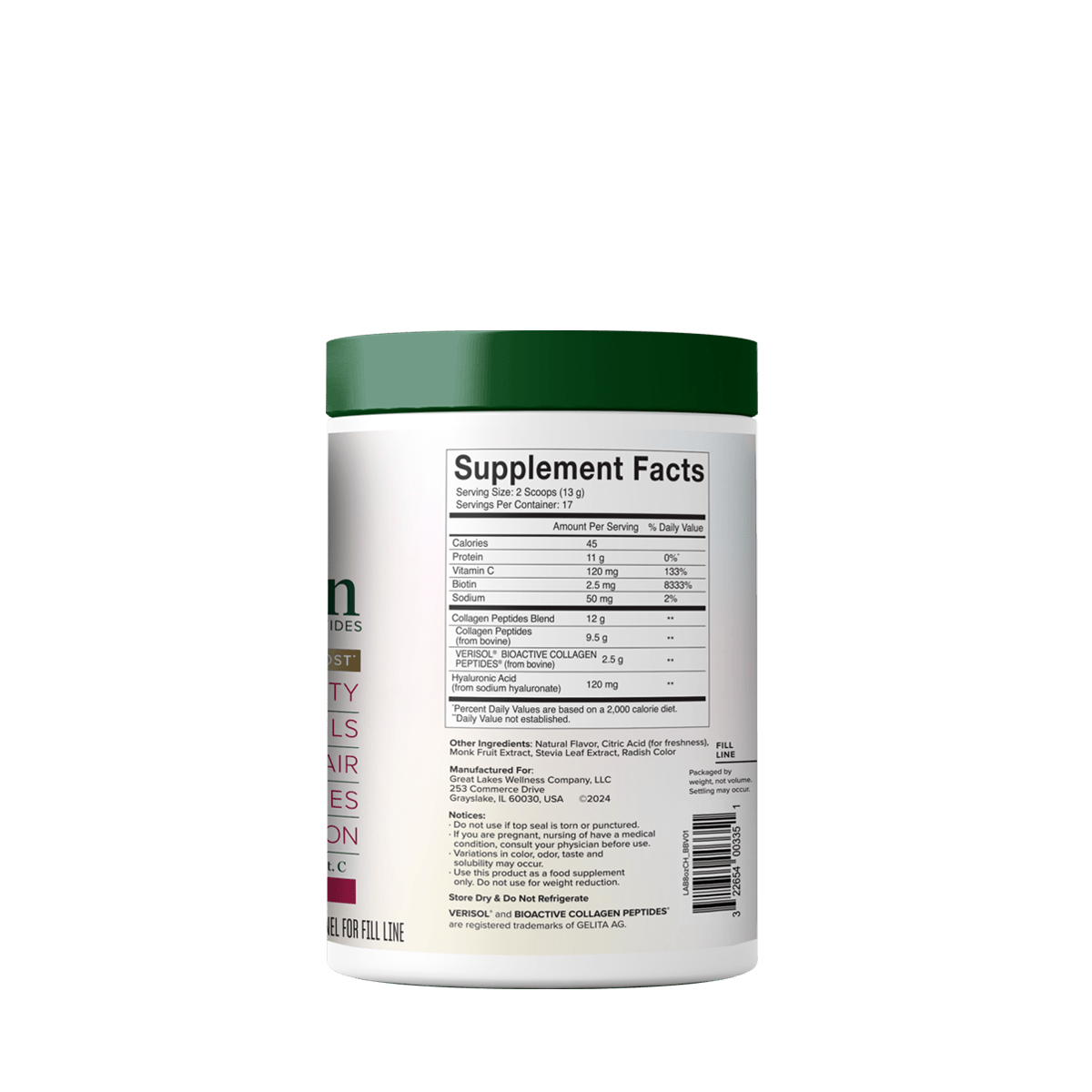 Total Beauty Bundle collagen supplement container with detailed supplement facts label