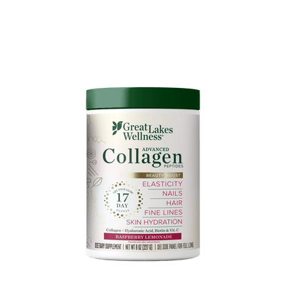 Beauty Boost Advanced Collagen supplement tub with hydrolyzed collagen peptides, hyaluronic acid, biotin, vitamin C, and raspberry lemonade flavor for skin, hair, and nails.