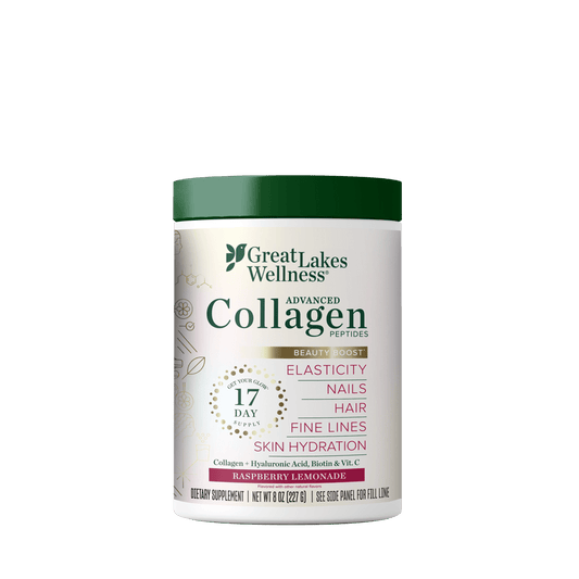 Beauty Boost Advanced Collagen supplement tub with hydrolyzed collagen peptides, hyaluronic acid, biotin, vitamin C, and raspberry lemonade flavor for skin, hair, and nails.