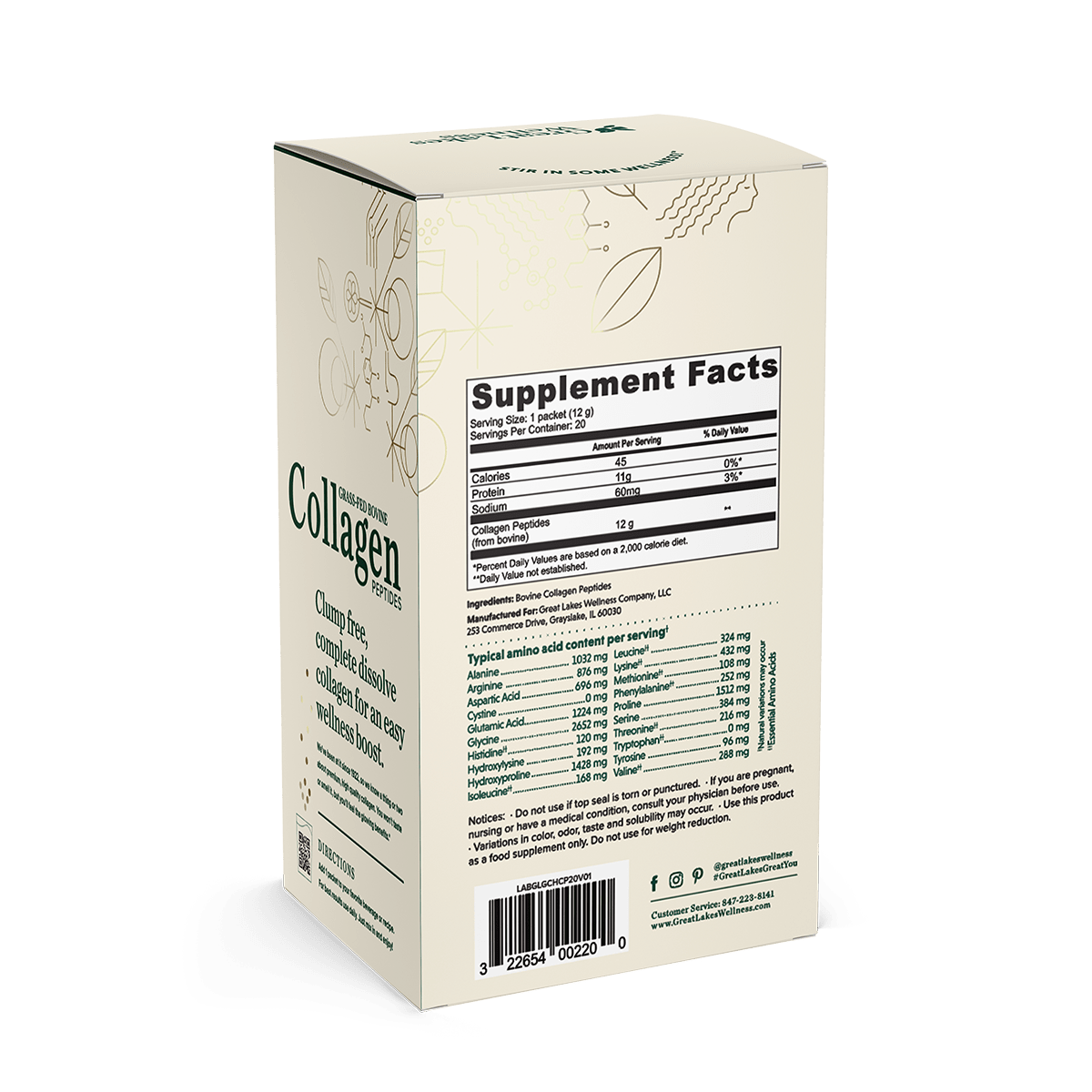 20ct Collagen Peptides stick pack box with supplement facts label and collagen peptides details