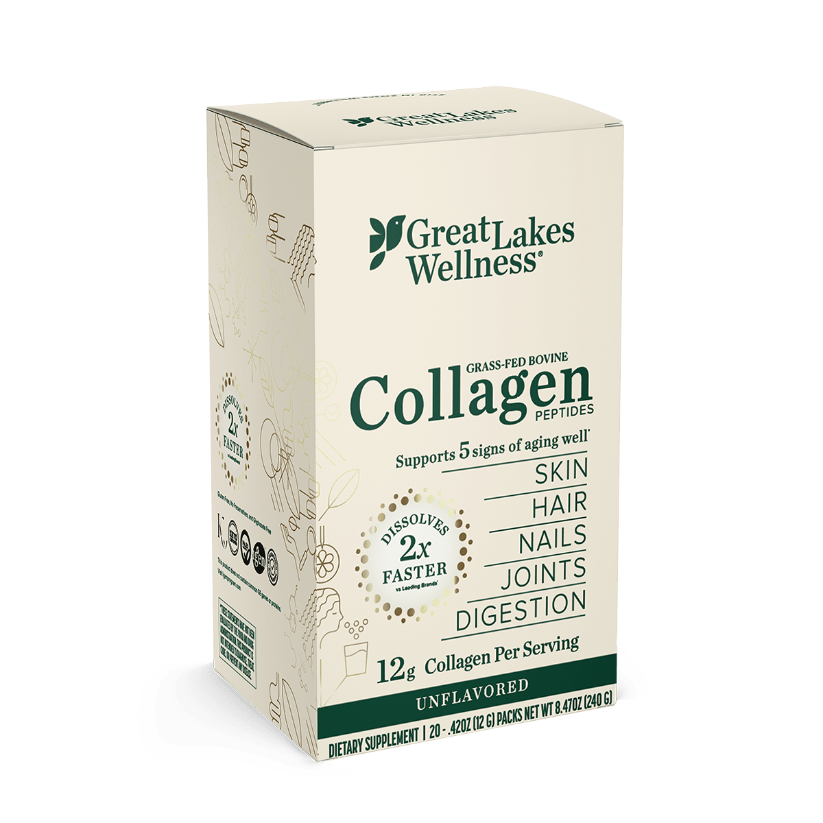 Box of 20ct Collagen Peptides stick packs by Great Lakes Wellness, supports skin, hair, nails, joints, digestion, dissolves 2x faster, unflavored